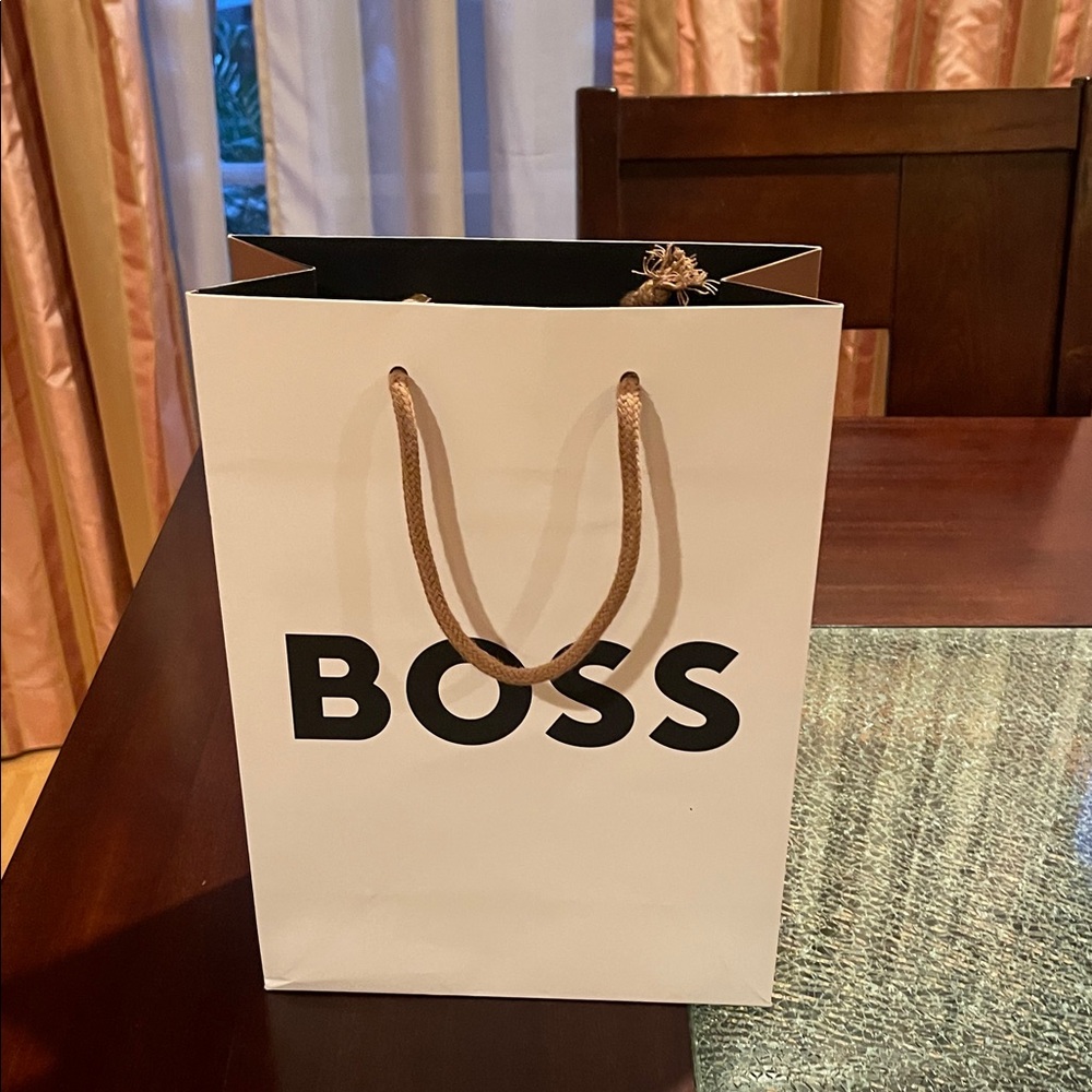 Boss White Bag with Black Logo and Tan Handles
